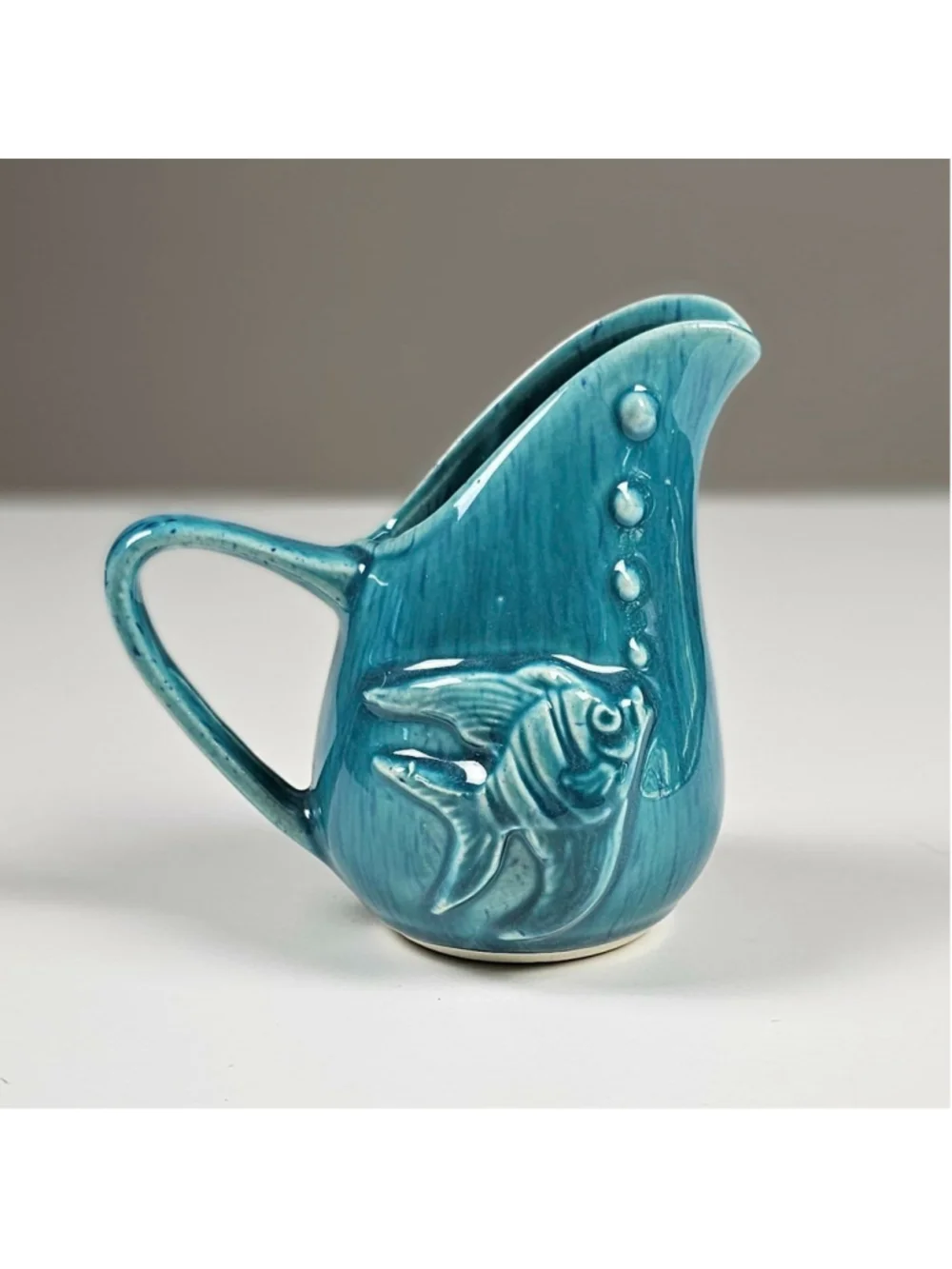 Vintage Teal Blue Ceramic Fish Creamer Pitcher 3.75